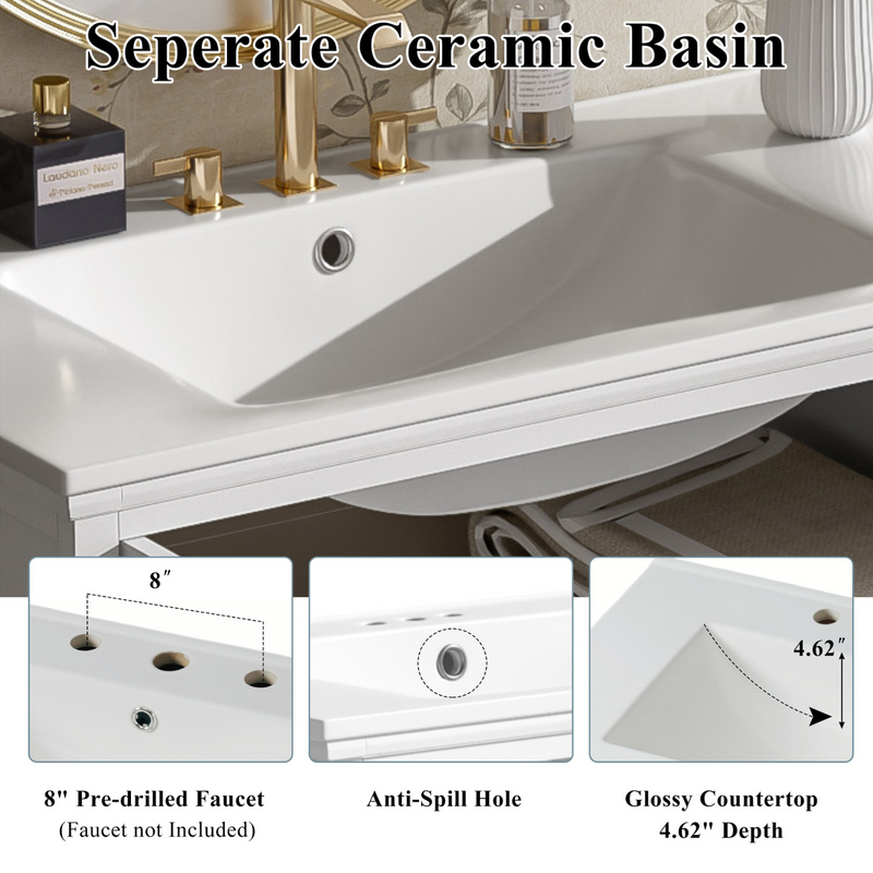 White Bathroom Vanity with Ceramic Sink, Tempered Blurred Glass and Matte Black Handles, Large Storage Space and Rubber Wood Frame