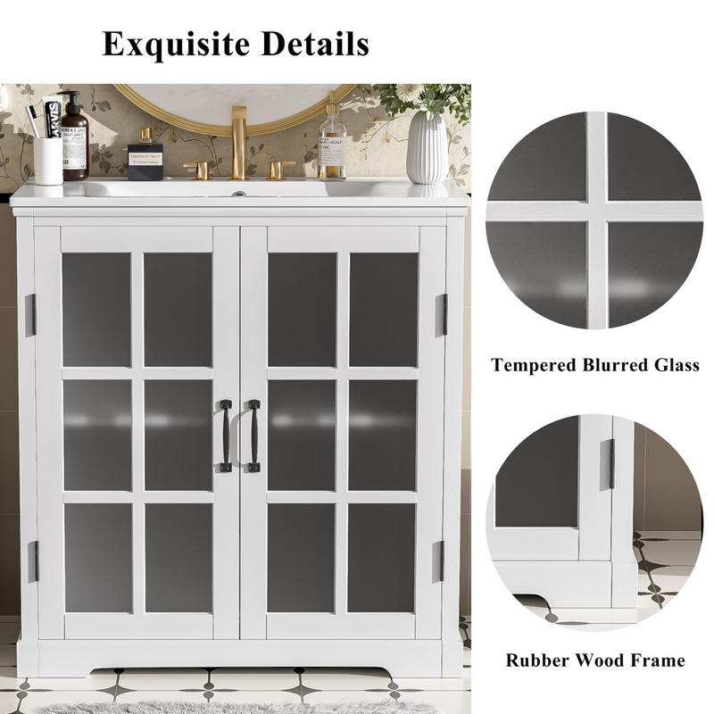 White Bathroom Vanity with Ceramic Sink, Tempered Blurred Glass and Matte Black Handles, Large Storage Space and Rubber Wood Frame