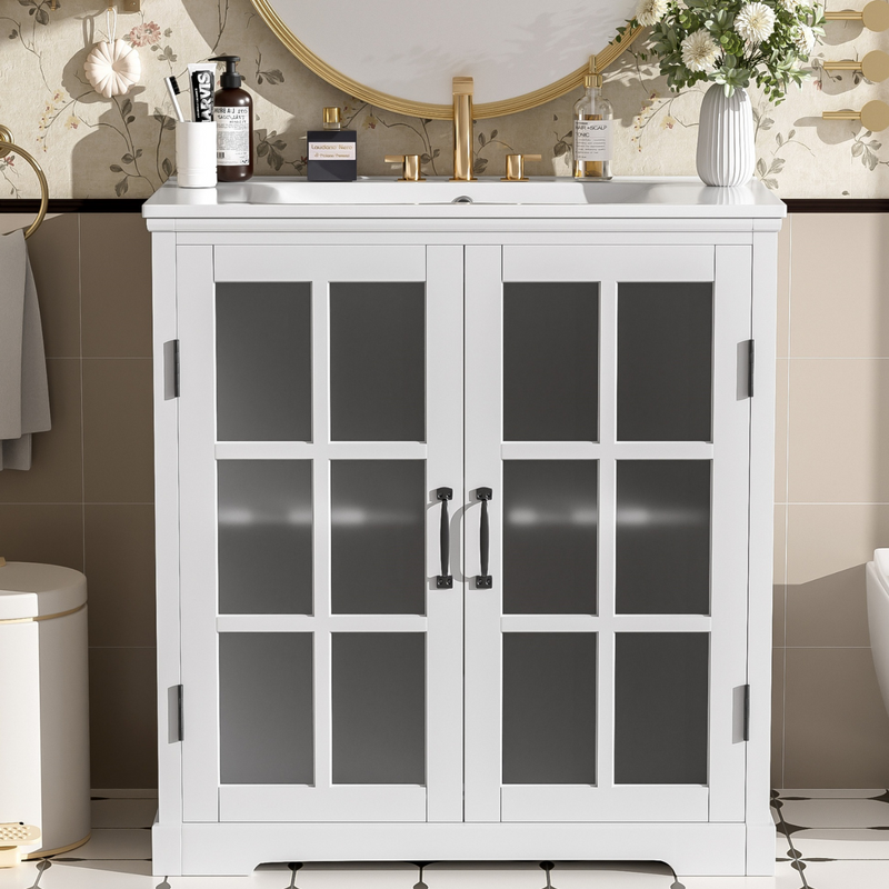White Bathroom Vanity with Ceramic Sink, Tempered Blurred Glass and Matte Black Handles, Large Storage Space and Rubber Wood Frame
