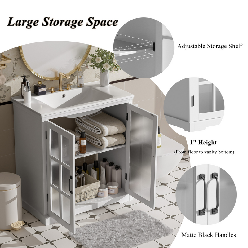White Bathroom Vanity with Ceramic Sink, Tempered Blurred Glass and Matte Black Handles, Large Storage Space and Rubber Wood Frame