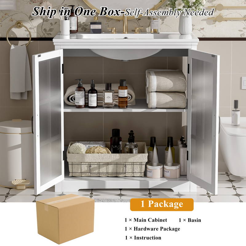 White Bathroom Vanity with Ceramic Sink, Tempered Blurred Glass and Matte Black Handles, Large Storage Space and Rubber Wood Frame