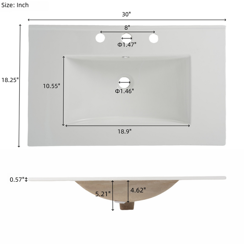 White Bathroom Vanity with Ceramic Sink, Tempered Blurred Glass and Matte Black Handles, Large Storage Space and Rubber Wood Frame
