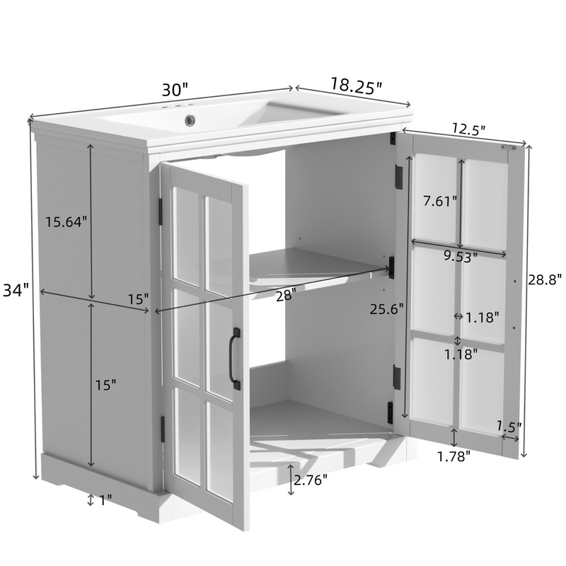 White Bathroom Vanity with Ceramic Sink, Tempered Blurred Glass and Matte Black Handles, Large Storage Space and Rubber Wood Frame