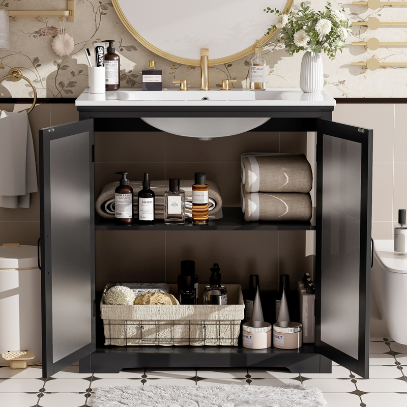 Black Bathroom Vanity with Ceramic Sink, Bathroom Vanity Cabinet with Tempered Blurred Glass Matte Black Handles, Large Storage Space, Rubber Wood Frame