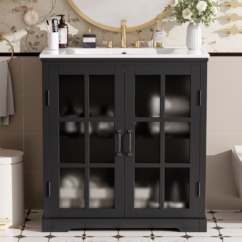 Black Bathroom Vanity with Ceramic Sink, Bathroom Vanity Cabinet with Tempered Blurred Glass Matte Black Handles, Large Storage Space, Rubber Wood Frame