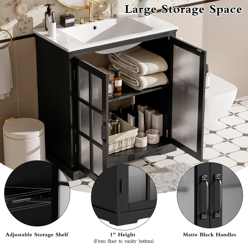 Black Bathroom Vanity with Ceramic Sink, Bathroom Vanity Cabinet with Tempered Blurred Glass Matte Black Handles, Large Storage Space, Rubber Wood Frame