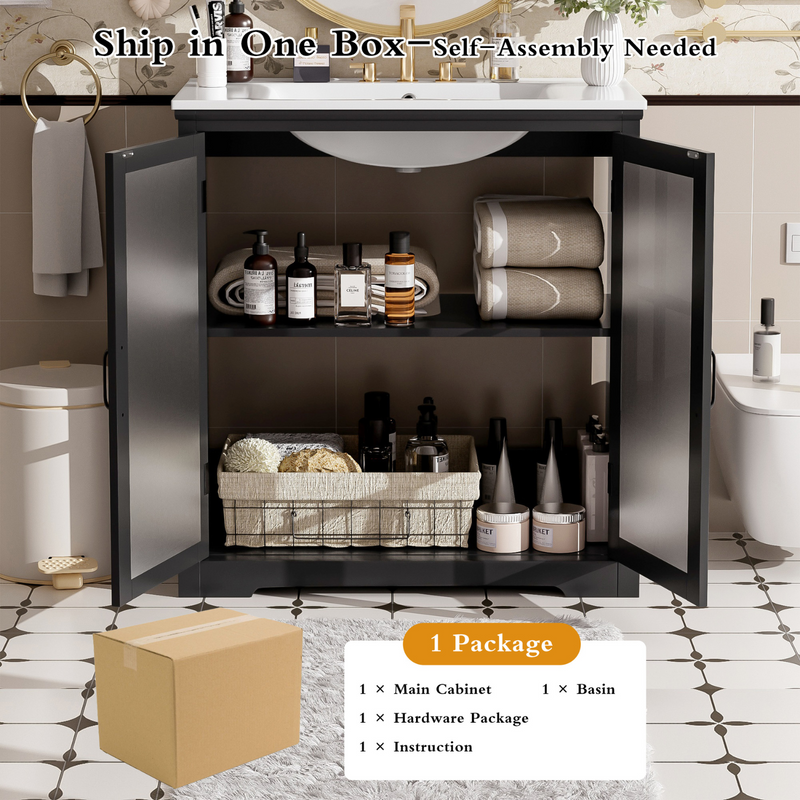 Black Bathroom Vanity with Ceramic Sink, Bathroom Vanity Cabinet with Tempered Blurred Glass Matte Black Handles, Large Storage Space, Rubber Wood Frame