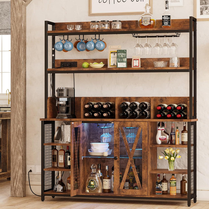 Coffee Bar Cabinet LED Industrial Buffet Cabinet 3-Tiers with Power Outlet, Glass Holder