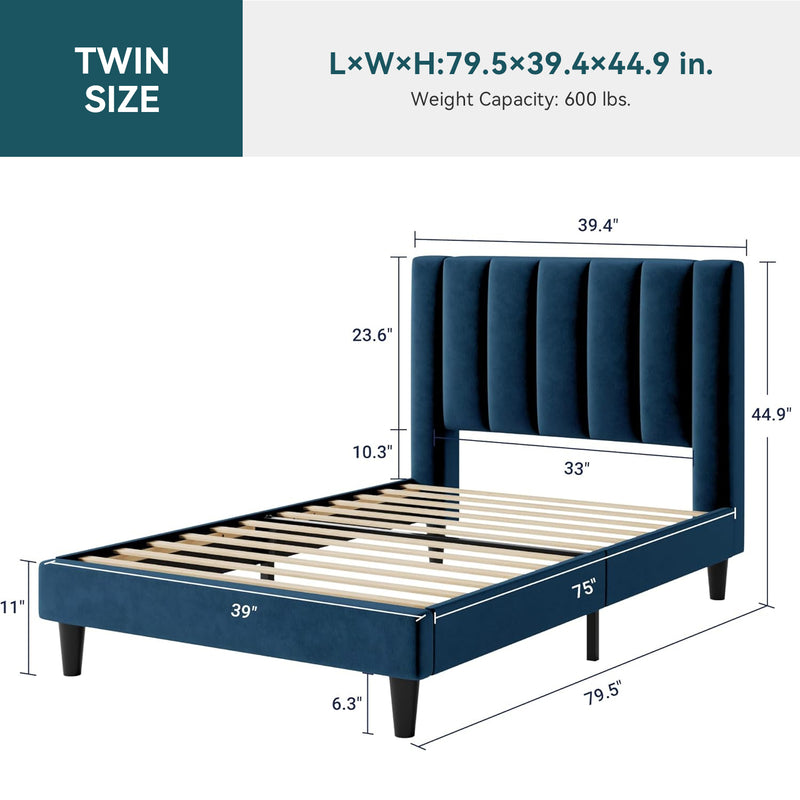 Twin Velvet Upholstered Platform Bed Frame with Vertical Channel Tufted Headboard, Strong Wood Slat Support, No Box Spring Needed