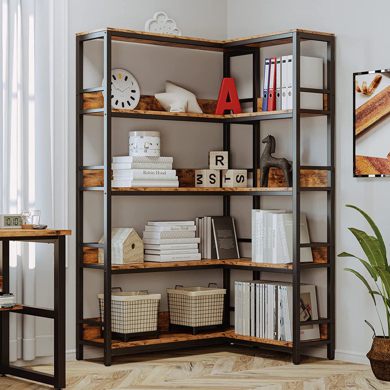 Corner Bookshelf 5 Tiers Industrial Bookcases with Baffles Etagere Shelf Storage Rack with Metal Frame