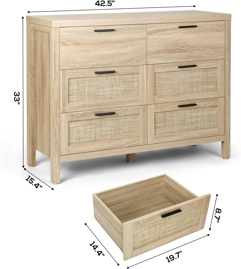 OHWILL Rattan Drawer Dresser Wood Storage Chest of Drawers Double Drawer Dresser
