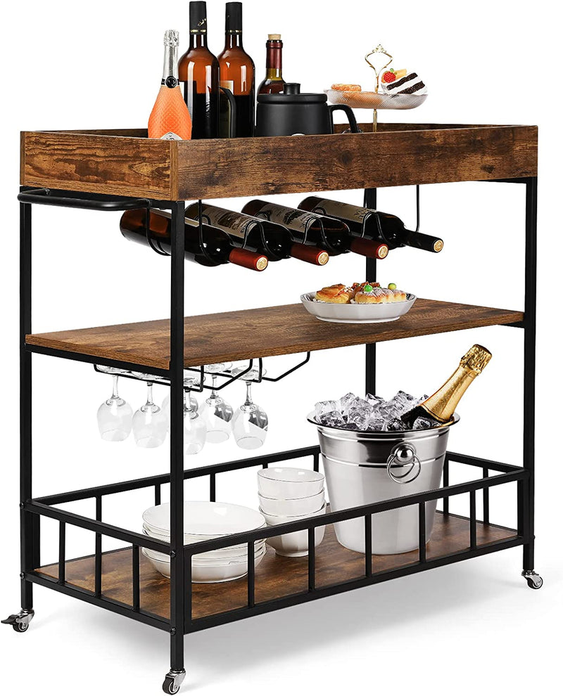 Ohwill Industrial Bar Cart with Wheels for the Home, Beverage Cart Bar Serving Liquor Cart with Glass Holders