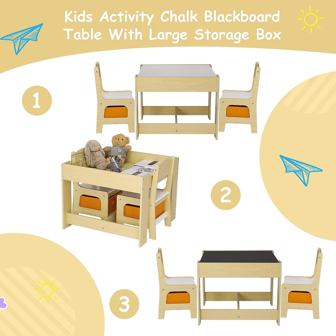 Lestarain Children’s Table And Chair Set With Storage Kids Desk With 2 Chairs Reversible Tabletop Blackboard Paper Roll, For Toddler, Nursery
