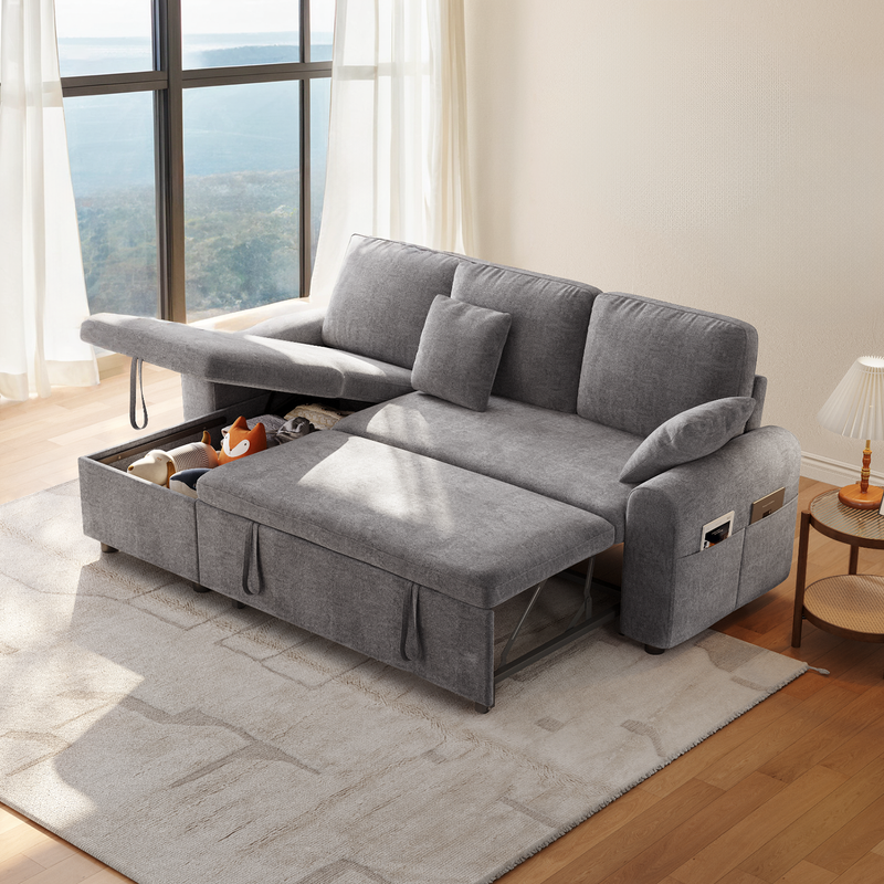 L Shaped Sleeper Sofa with Storage Chaise, Pull Out Couch Bed with 2 Pillows, Sectional Sleeper Couch for Living Room