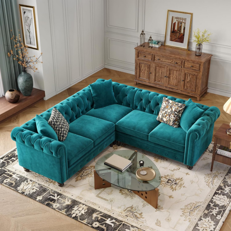 Chesterfield L-Shaped Sectional Sofa, Velvet 5 Seater Counch with 3 Throw Pillows, Tufted Corner Couch with Rolled Armrest