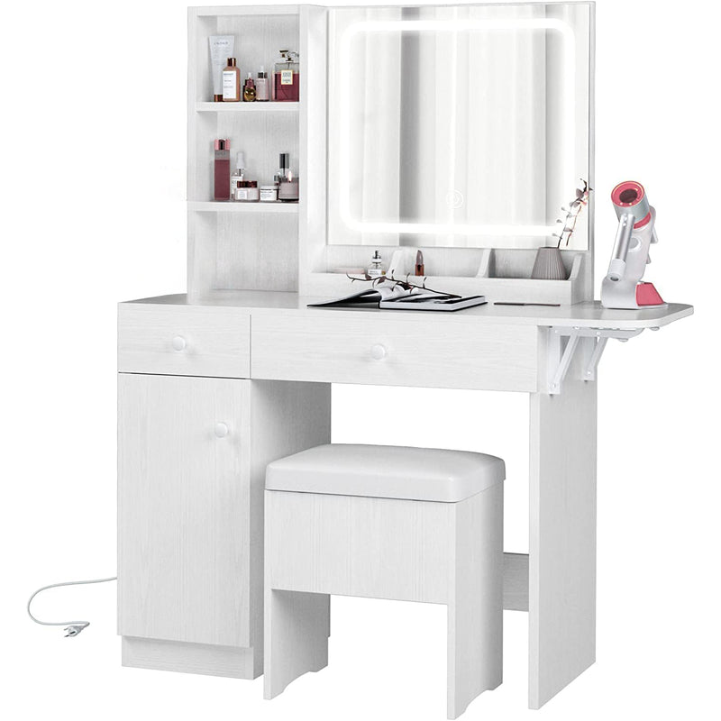 Vanity Desk with Drop Leaf, Power Outlet, LED Lighted Mirror and Storage Stool