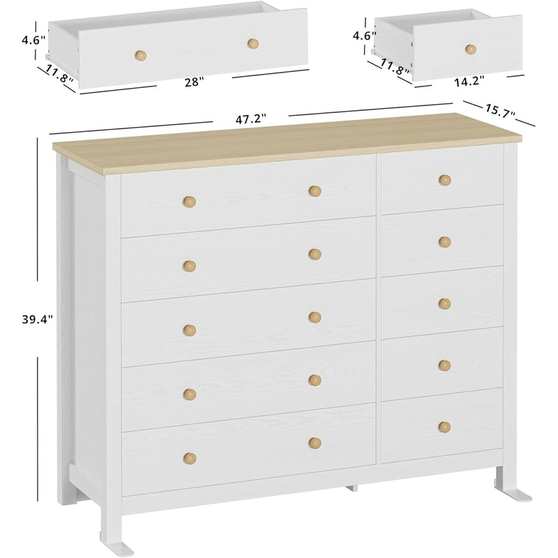 10 Drawer Dresser, Modern White Dressers and Chests of Drawers, 10 Drawer Large Dressers with Solid Wood Knobs, Storage Organizer, TV stand