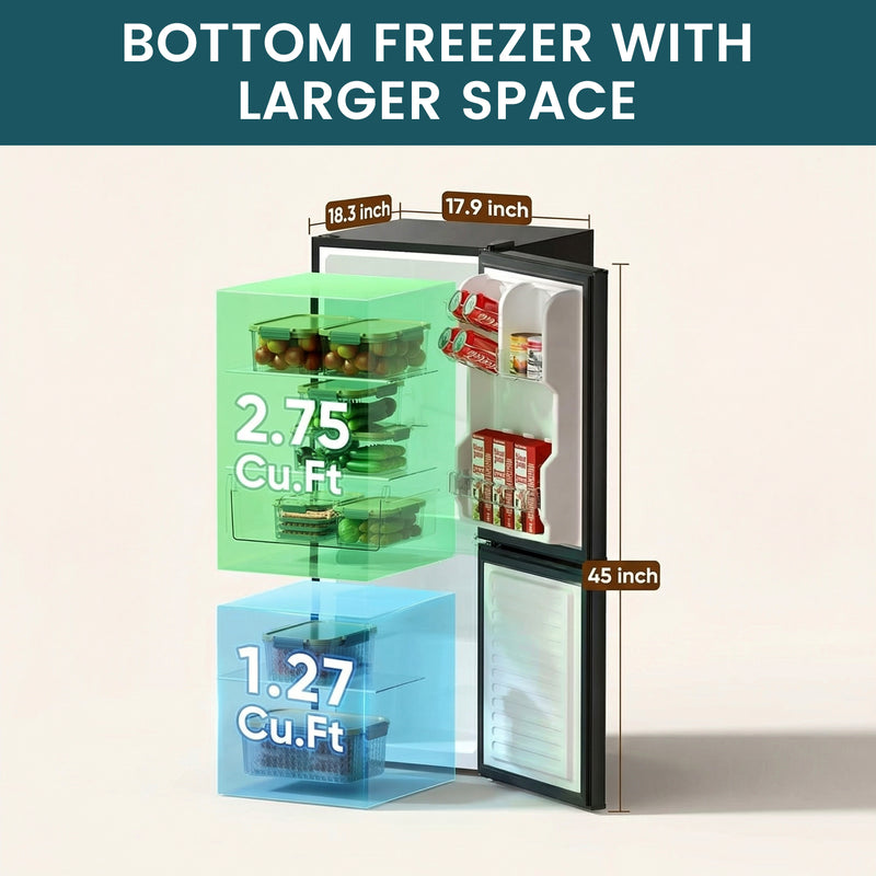 Mini Fridge with Bottom Freezer, Double Door Small Fridge, Compact Ref ...
