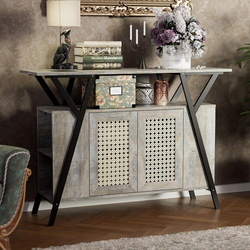 Rattan Cabinet Storage Buffet Sideboard Cabinet Console Table with Adjustable Shelves