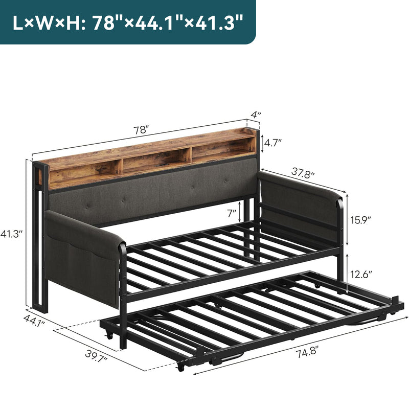 Daybed Sofa Day Bed with Trundle, Twin Bed Frame with Upholstered Headboard, Strong Supports and Charging Station