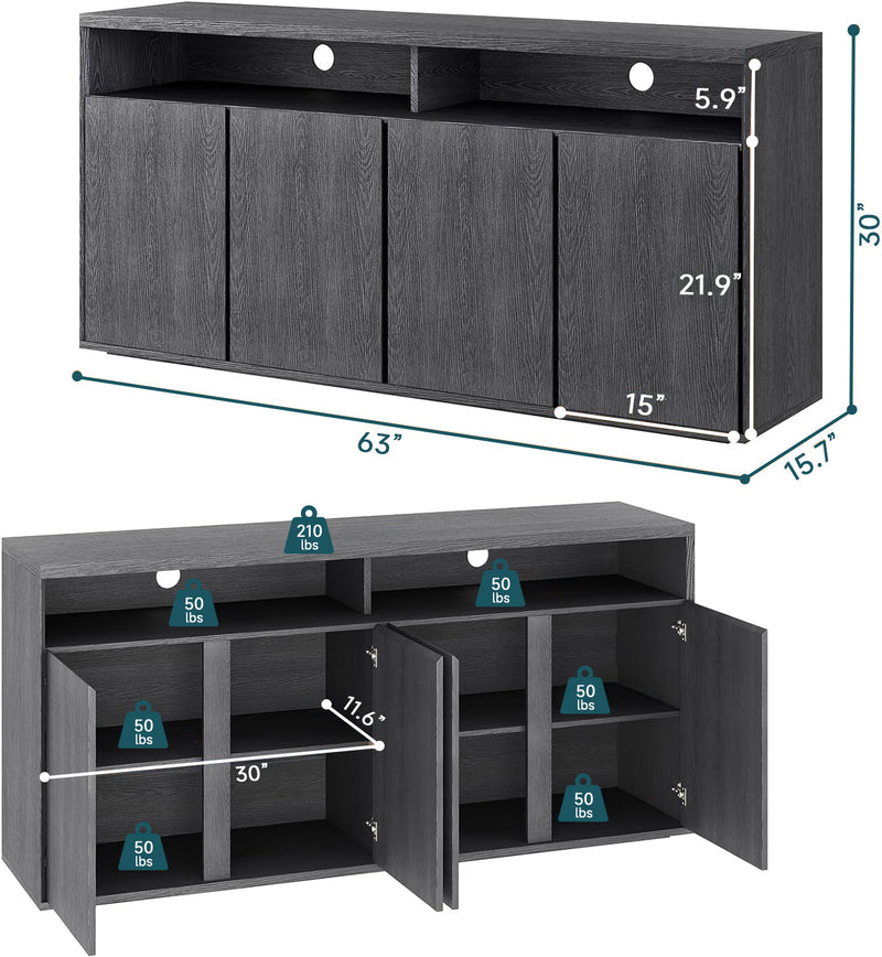 63" Storage Cabinet with Shelves and 4 Compartments For Kitchen, Living Room, Dining Room, Bedroom