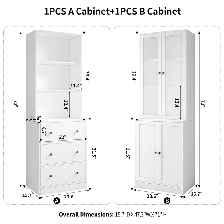 Combination Bookcase 2-Piece Set, 71-inch Bookcase with Drawers