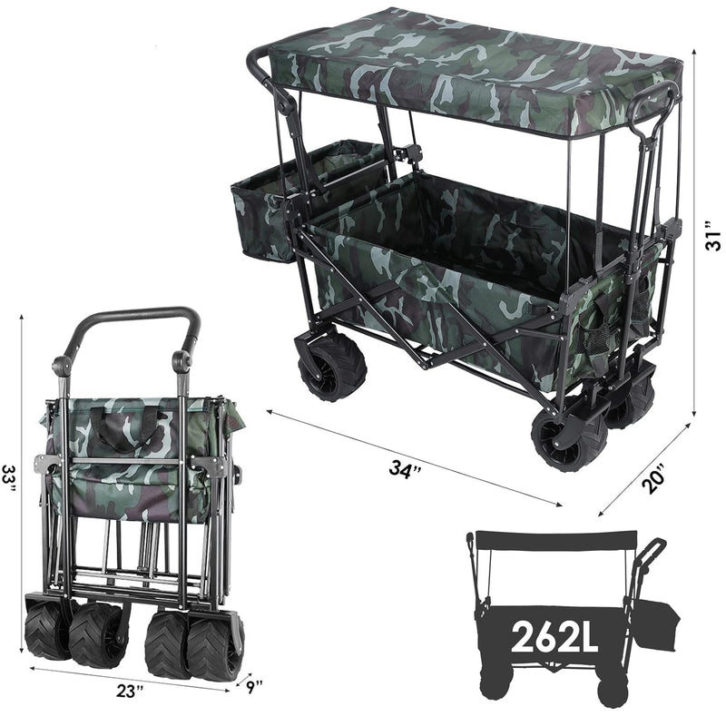 Folding Wagon All-Terrain Wheels Camping Cart with Canopy and Basket