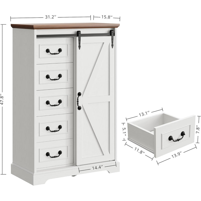 5 Drawer Dresser for Bedroom, 48" Tall Dresser Chest of Drawers, Dresser Storage Cabinet with Sliding Barn Doors