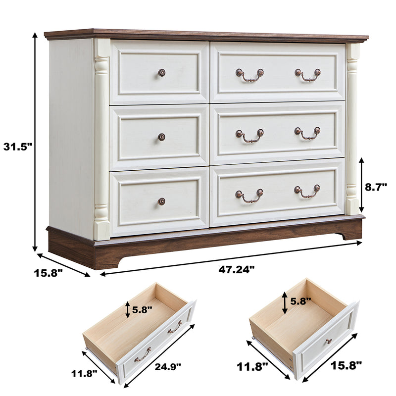 6 Drawer Dresser, Farmhouse Style Storage Dresser Organizer with Base Wooden Rustic Chest of Drawers