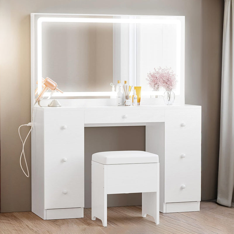 Makeup Vanity Dressing Desk Set with LED Lighted Mirror & Power Outlet, 7 Drawers