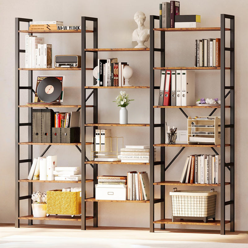 Triple Wide 6 Tiers Industrial Bookshelf, Large Etagere Bookcases and Bookshelves Open Display Shelves with Metal Frame