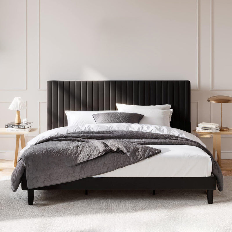 Velvet Upholstered Platform Bed Frame with Vertical Line Tufted Wingback Headboard, Strong Wooden Slats, and No Box Spring Needed