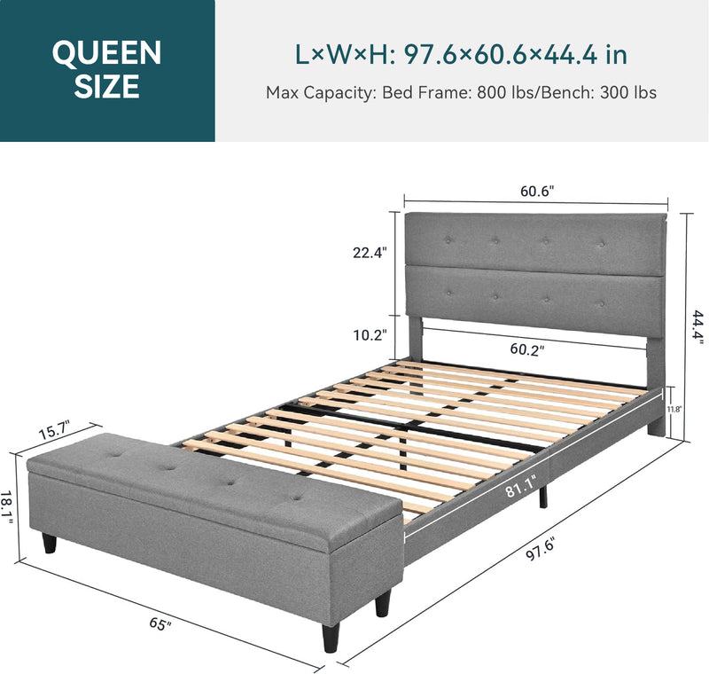 Queen Bed Frame with 120L Ottoman Storage, Upholstered Headboard, No Box Spring Needed