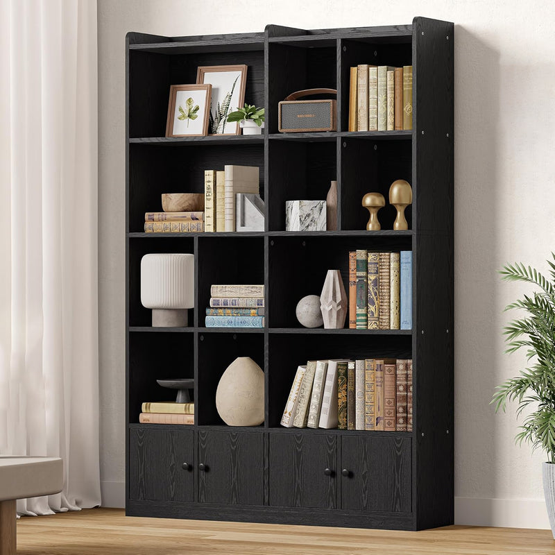 White bookshelf with partition design, filled with books and decor in a light living room; multiple shelves.