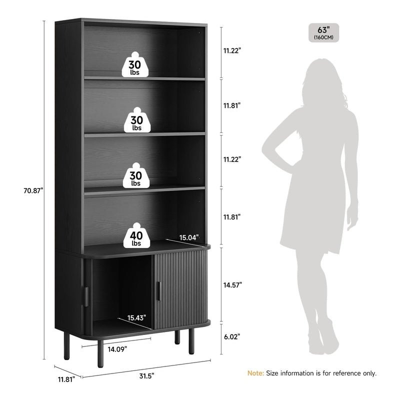 Brown wood tall cabinet with four shelves and lower cabinet on legs; shows close-up of adjustable shelves, cabinet feet, and wall connector.