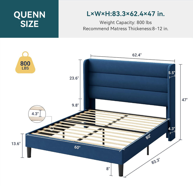 Velvet Platform Bed Frame with Vertical Tufted Wingback Headboard Under Bed Storage, No Box Spring Required