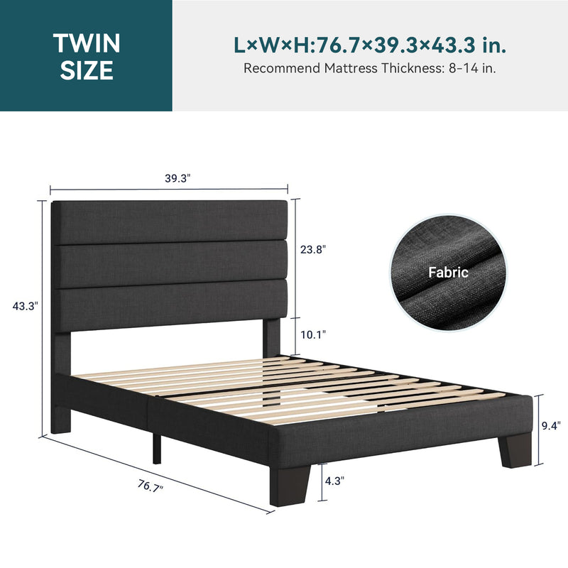 Platform Bed Frame with Fabric Upholstered Headboard and Wooden Slats Support, Fully Upholstered Mattress Foundation,Twin Size