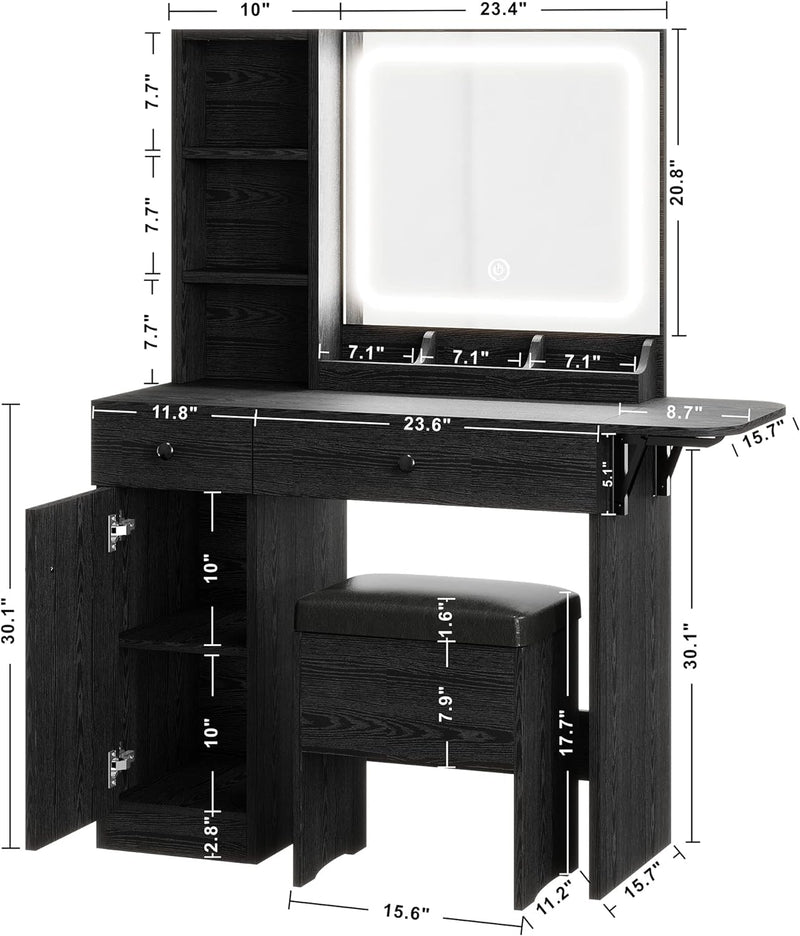 Vanity Desk with Drop Leaf, Power Outlet, LED Lighted Mirror and Storage Stool