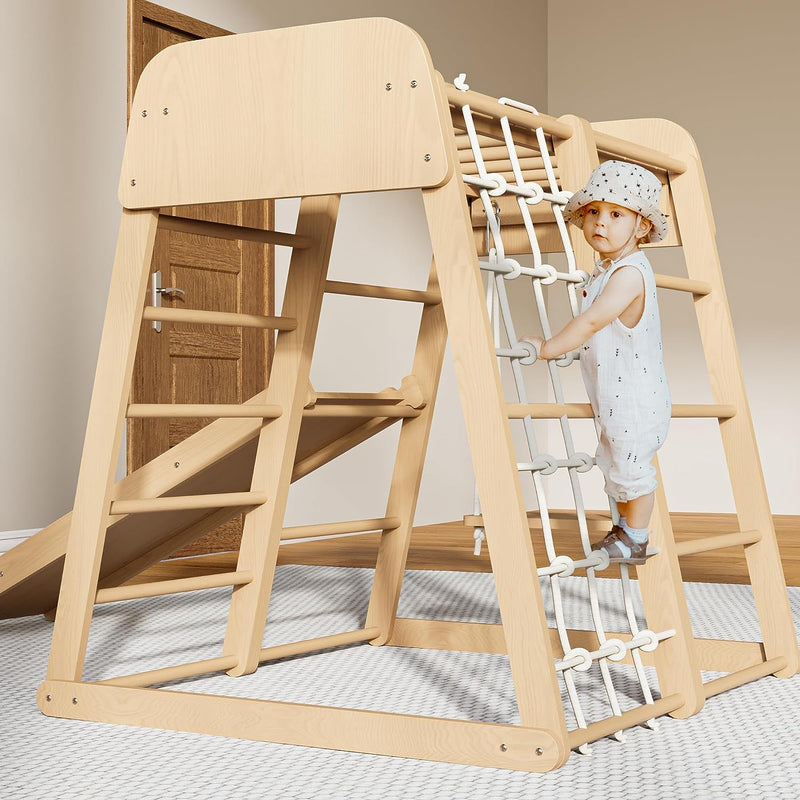 Indoor Wooden Climbing Toys for Kids 6 in 1 Kids Playground Jungle Gym with Swing, Ramp, Rope Wall, Monkey Bars, Ladder, Ages 3+