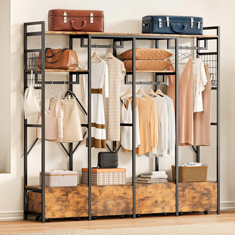 Freestanding Garment Rack with 4 Wooden Drawers, Hanging Rods and Storage Shelves, Heavy Duty Closet Wardrobe Rack, Industrial Vintage Brown