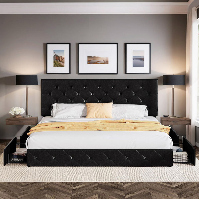 Faux Leather Upholstered Bed Frame with 4 Drawers Storage and Button Headboard