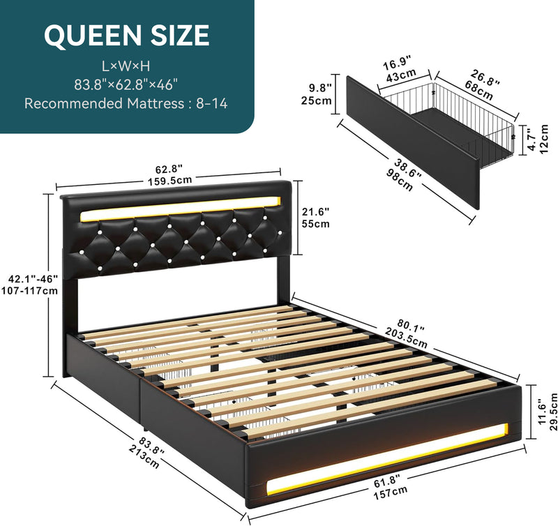 PU Leather Platform Bed Frame with LED Light, 4 Drawers, Adjustable Button Headboard