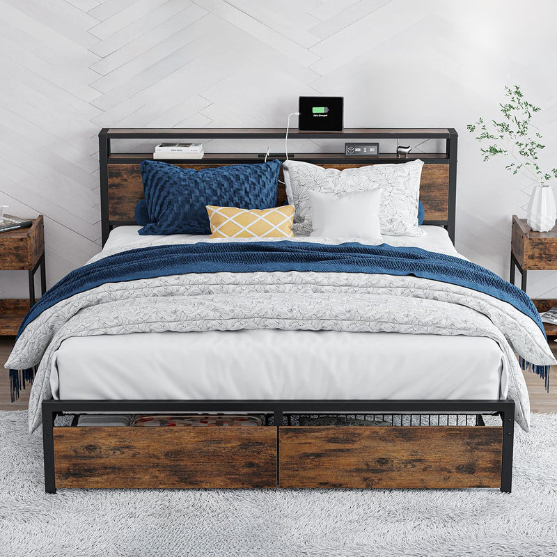 Bed Frame with Storage Headboard Platform Bed with Drawers and Charging Station, No Box Spring Needed