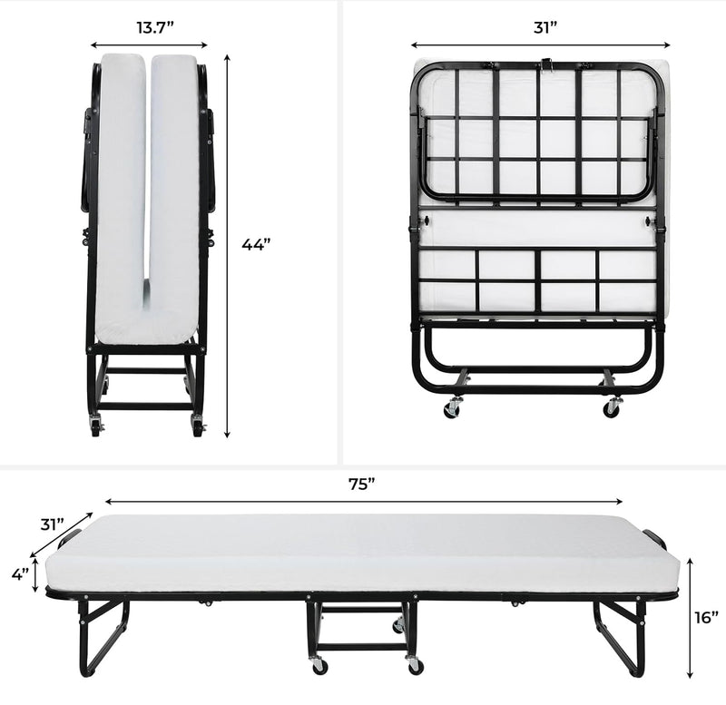 Folding Bed 75" x 31" Portable Rollaway Bed with Mattress, rolling wheels, Dust Proof Cover