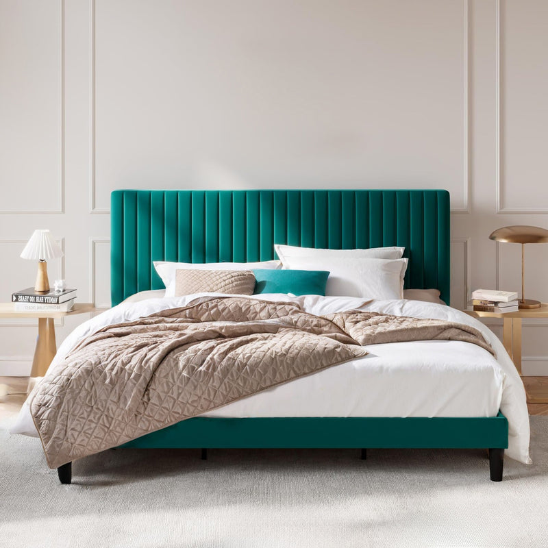 Velvet Upholstered Platform Bed Frame with Vertical Line Tufted Wingback Headboard, Strong Wooden Slats, and No Box Spring Needed