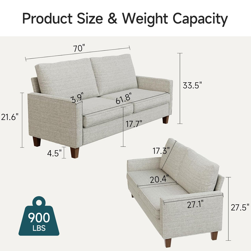 70-inch Modern Loveseat Sofa Linen Fabric Couches 2 Seater with Pocket Spring