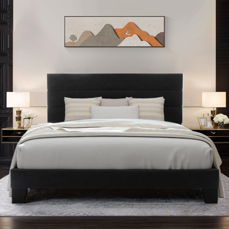 Platform Bed Frame with Fabric Upholstered Headboard and Wooden Slat Support, No Springs Required