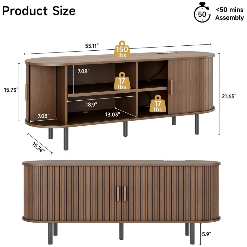55 inch TV Cabinet with Storage, Storage Cabinet with Sliding Doors for Living Room, Bedroom