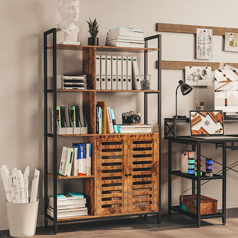 Industrial 5 Tier Bookshelf with Doors Wooden Display Shelf Bookcases and Bookshelves, Vintage Brown