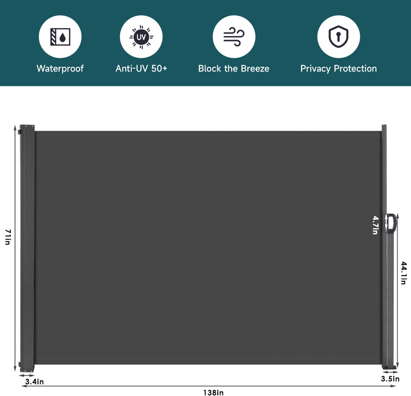 Outdoor Retractable Side Awning Patio Privacy Screen With UV-resistant, Waterproof for Garden, Balcony